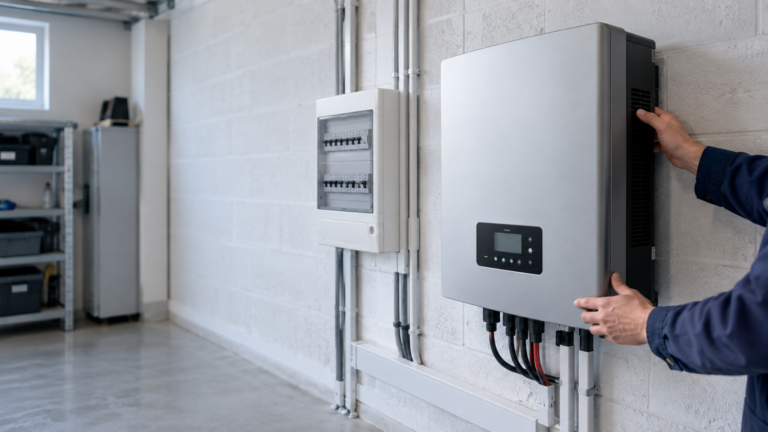 Onduleur photovoltaïque installé dans un garage par un technicien Soleil Aquitain